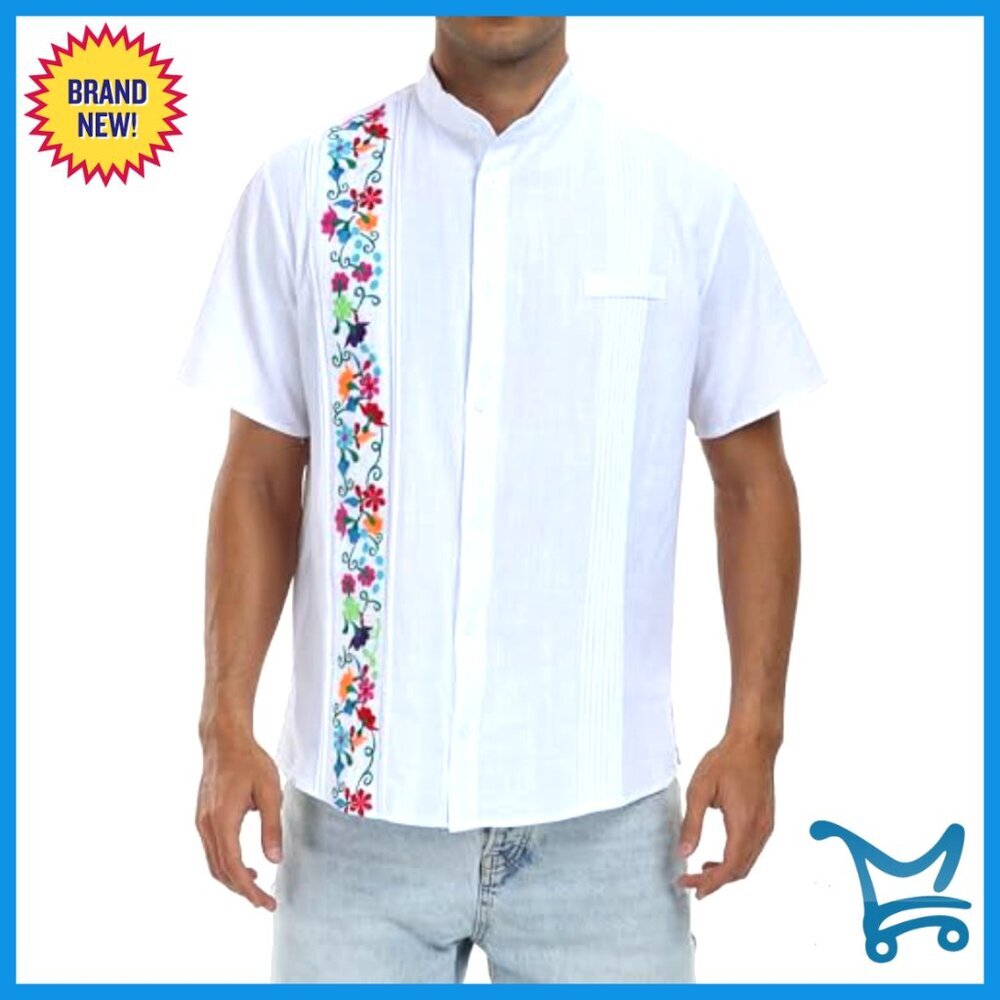 Men's Embroidered Cotton Cuban Shirt Summer Short Sleeve Button Down - Picture 2 of 7
